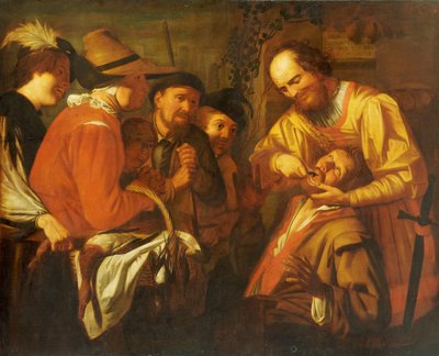 Un dentista charlatán extrayendo un diente, mientras un grupo de espectadores observa cerca de Gerrit van Honthorst