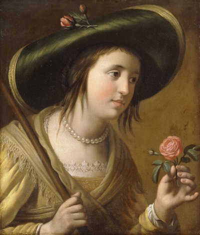 Retrato de la Princesa Isabel II del Palatinado como pastora, busto, sosteniendo una rosa de Gerrit van Honthorst