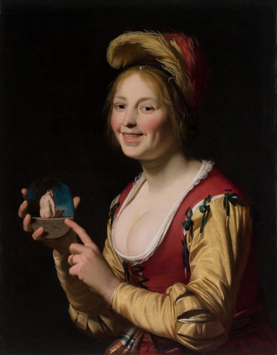 Chica sonriente, una cortesana, sosteniendo una imagen obscena de Gerrit van Honthorst