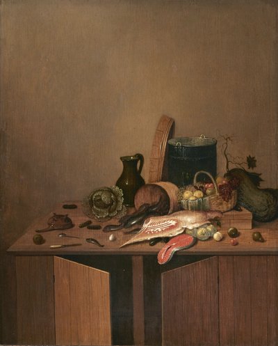 Bodegón de cocina con carne, pescado y verduras de Gerrit van Vucht