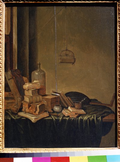 Bodegón con libros. Pintura de Gerrit van Vucht (1600 o 1620 - ca. 1697). Óleo sobre madera, 34 x 28 cm. Escuela holandesa del siglo XVII. Museo de Bellas Artes Pushkin, Moscú. de Gerrit van Vucht
