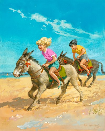 Niño y niña montando en burro en la playa de Gerritt Vandersyde