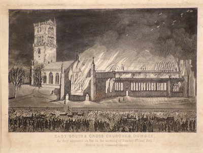 East, South & Cross Churches, Dundee, tal como aparecieron en el incendio del domingo 3 de enero de 1841, c.1841 (grabado) de Gershom Gourlay Cumming