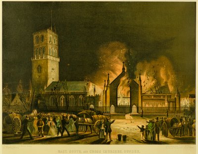 East, South and Cross Churches, Dundee [tal y como aparecieron en el incendio de la mañana del domingo 3 de enero de 1841] (según George McGillivray), c.1841 (litografía) de Gershom Gourlay Cumming