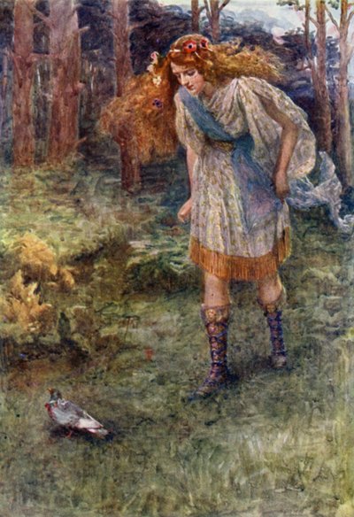 "Y siempre que se acercaba la paloma revoloteaba un poco hacia delante" (litografía en color) de Gertrude E. Demain (after) Hammond