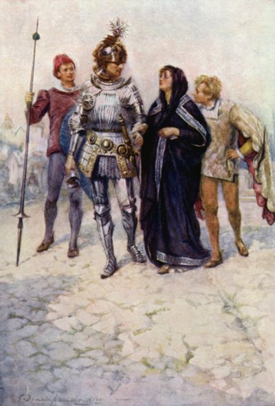 El príncipe Arturo conduce a Belge y a sus hijos al castillo (litografía en color) de Gertrude E. Demain (after) Hammond