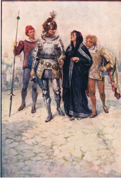 El príncipe Arturo conduce a Belge y a sus hijos al castillo, Cuentos de la Reina de las Hadas publicados por George Harrap and Company de Gertrude E. Demain (after) Hammond