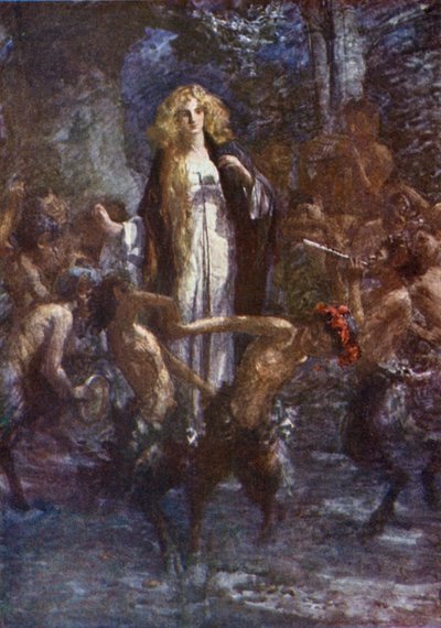 "Los sátiros bailaron alrededor de ella con júbilo" (litografía en color) de Gertrude E. Demain (after) Hammond