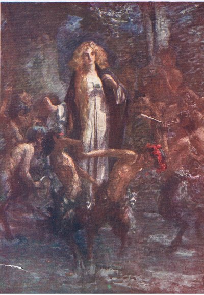 Los sátiros bailaron a su alrededor con júbilo, Cuentos de la Reina de las Hadas publicados por George Harrap and Company de Gertrude E. Demain (after) Hammond