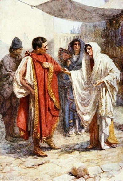 ¿Cómo es que ahora, esposo mío, te has alejado de ti mismo? Ilustración de la "Comedia de los errores" en "Historias de Shakespeare: Retold by Thomas Carter", publicado hacia 1910 (litografía en color). de Gertrude E. Demain Hammond