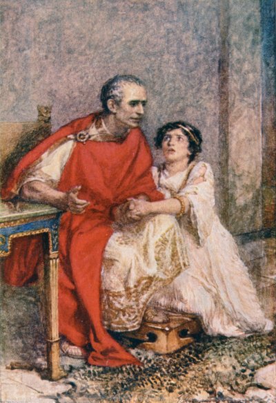 Me parece muy extraño que los hombres teman..., ilustración de "Julio César" en "Historias de Shakespeare: Retold by Thomas Carter", publicado hacia 1910 (litografía en color). de Gertrude E. Demain Hammond