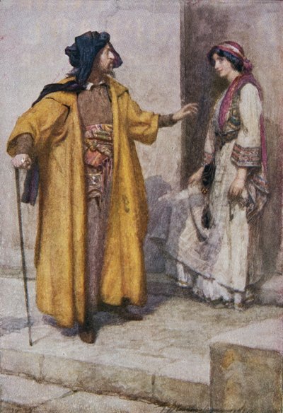 Shylock le dio las llaves y le pidió que guardara la casa, ilustración de "El mercader de Venecia" en "Stories from Shakespeare: Relato de Thomas Carter", publicado hacia 1910 (litografía en color). de Gertrude E. Demain Hammond
