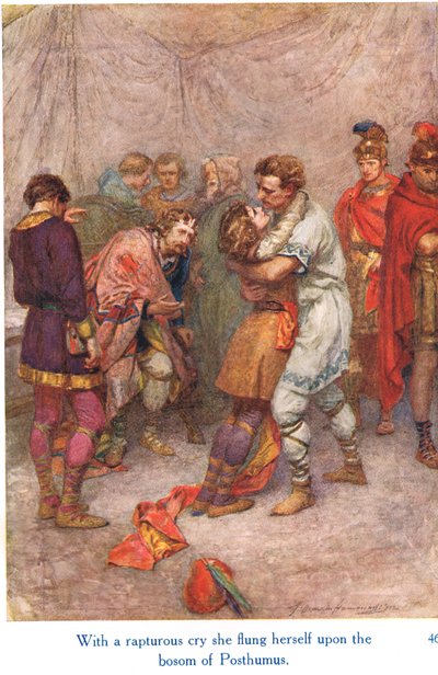 Con un grito de éxtasis se arrojó sobre el pecho de Póstumo", ilustración de "Shakespeare
