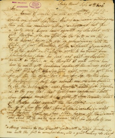 Carta firmada Gertrude Joan Senf, Rocky Mount, a Thomas Jefferson, 11 de septiembre de 1806 de Gertrude Joan Senf