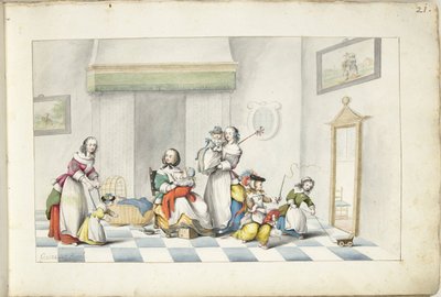 Habitación infantil con tres mujeres y niños. de Gesina ter Borch (signed by artist)