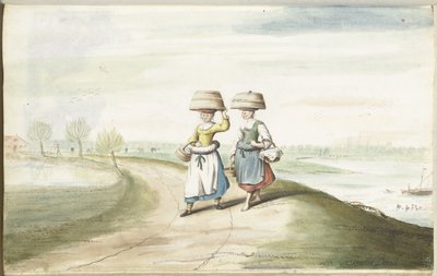 Dos campesinas caminando en un paisaje de Gesina ter Borch (signed by artist)