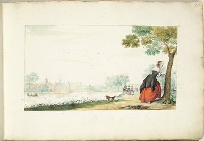 Mujer grabando nombres en un árbol de Gesina ter Borch (signed by artist)