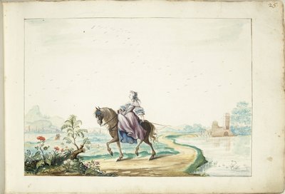 Mujer a caballo en un paisaje de Gesina ter Borch (signed by artist)