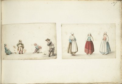 Cuatro niños haciendo sus negocios y tres mujeres de pie de Gesina ter Borch