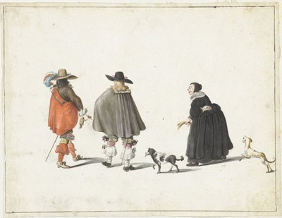 Mujer de negro, acompañada de dos perros, hablando con dos señores de Gesina ter Borch