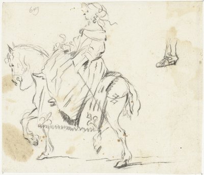 Mujer a caballo, vista de lado, con un boceto de la parte inferior de la pierna y el pie de Gesina ter Borch