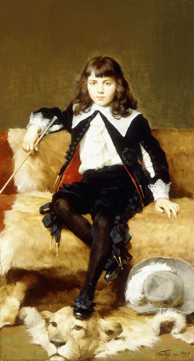 Retrato de un niño, sentado de cuerpo entero, en un sofá cubierto con una piel de león de Geza Vastagh