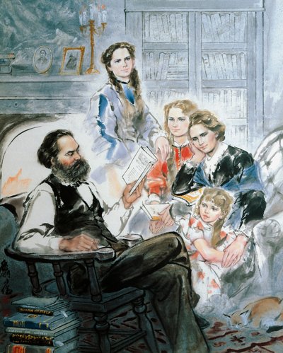 Karl Marx y su familia (acuarela) de Ghan Zen Mon