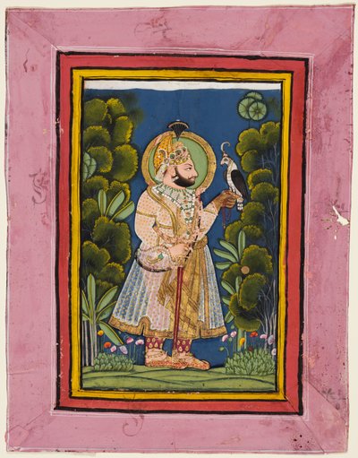 Maharana Jawan Singh en un bosque sosteniendo un halcón de Ghasi