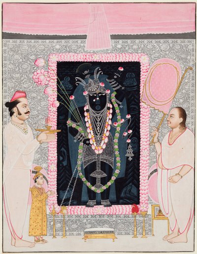 El sumo sacerdote Tilakayat Govardhanlalji hace ofrendas a Shri Nathji en celebración..., c. 1890 de Ghasiram Hardev Sharma