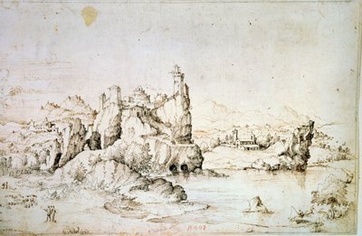 Un castillo en una roca en un paisaje montañoso, 1540 de Gherado Cibo