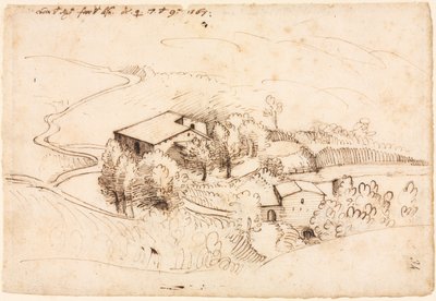 Granja con árboles en un paisaje montañoso (recto) de Gherado Cibo