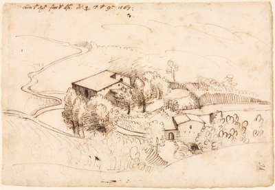 Farm with Trees in a Hilly Landscape (recto) de Gherardo Cibo