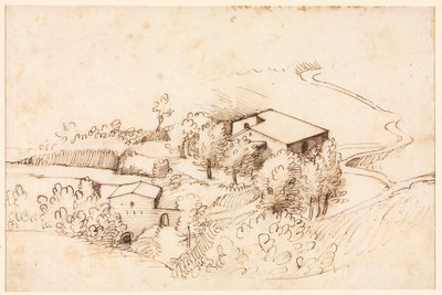 Granja con Árboles en un Paisaje Ondulado de Gherardo Cibo