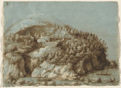 Paisaje montañoso con barcos de Gherardo Cibo