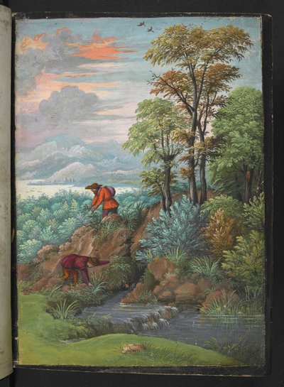 Dos hombres buscando plantas en una zona boscosa, de "Pinturas de Flora de los Estados Romanos" de Gherardo Cibo, Add MS 22333, f006r, c.1564-84 (acuarela y gouache sobre papel) de Gherardo Cibo