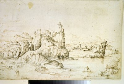 ""Un chateau perche sur une montagne"" (Un castillo sobre una roca en Mountainscape) Dibujo en tinta marrón de Gherardo Cibo (1512-1600) 1540 Museo Pushkin, Moscú de Gherardo Cibo