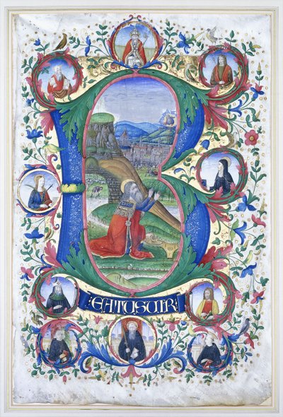 El rey David en oración dentro de una inicial muy grande "B", el entorno con diez grandes medallones cada uno conteniendo el retrato de un santo, c.1500 de Gherardo di Giovanni del Fora
