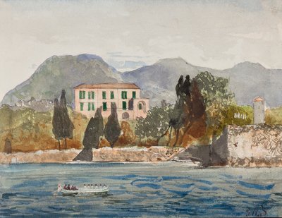 Barcaza de remo con la bandera Borbón acercándose a una gran casa en la costa napolitana, con adiciones del Príncipe Gaetano Maria Federico di Borbone (1846-1871) de Giacinto Gigante