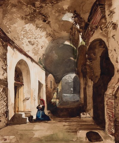 Mujer rezando en el santuario abovedado en el anfiteatro de Pozzuoli, con adiciones de la Princesa Maria Annunziata di Borbone (1843-1871) de Giacinto Gigante