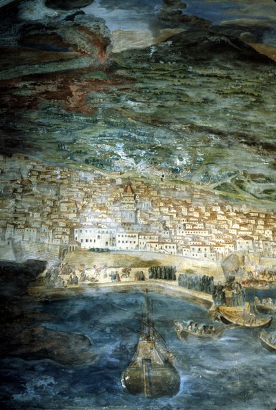 En 1669 la ciudad de Catania (Sicilia) fue devastada por la erupción del Etna. Pintura de Giacinto Platanio. Sacristía del Duomo de Catania. de Giacinto Platanio