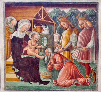 Adoración de los Reyes Magos, detalle de la Vida de Jesús de Giacomo Borlone de Buschis