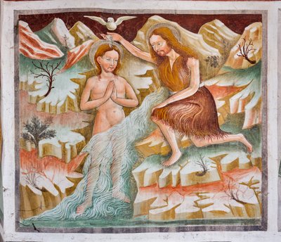 San Juan Bautista bautizando a Jesús en el río Jordán, detalle de la Vida de Jesús de Giacomo Borlone de Buschis