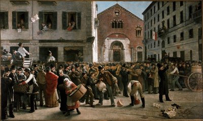 Recaudación de fondos en el corso Garibaldi de Milán para las víctimas de las inundaciones cerca de Verona, 24 de diciembre de 1882 (Pintura de Giacomo Campi