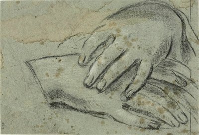 Manos cruzadas (anverso); pie derecho parcialmente cubierto por un drapeado (reverso) de Giacomo Cavedone