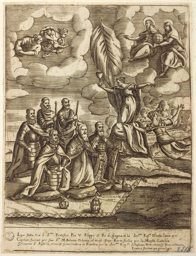 Alegoría de la Santa Liga de 1571 estipulada por el Papa Pío V, Felipe de España y el Dux de Venecia Alvise Mocenigo, grabado de Giacomo Franco (1556-1620) de Giacomo Franco