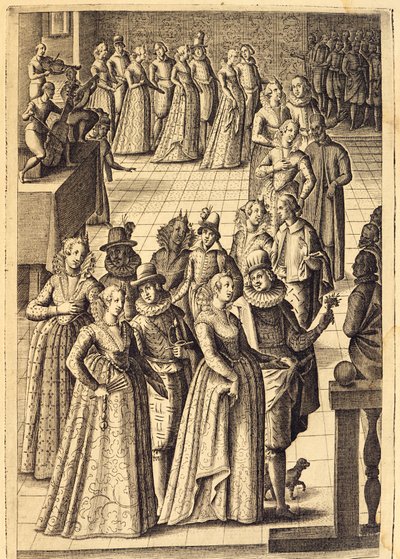 Nobles en una recepción, grabado de Giacomo Franco