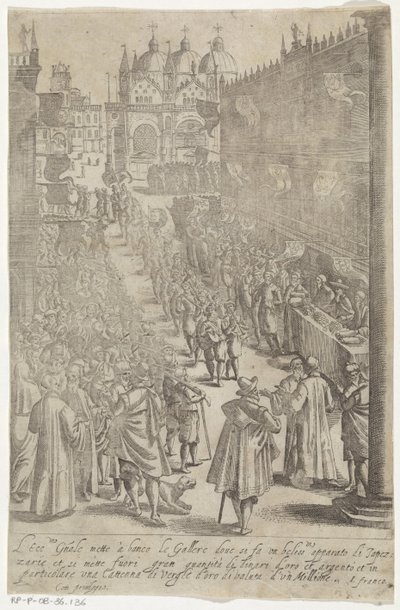 Optocht van muzikanten voor Dogepaleis Hábitos de hombres y mujeres venecianos con la procesión de la Ser.ma Signoria y otros detalles, es decir, triunfos, fiestas y ceremonias públicas de la noble ciudad de Venecia de Giacomo Franco