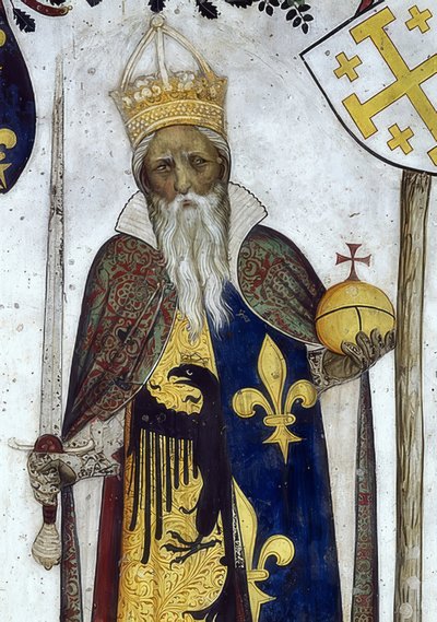 Representación de los marqueses de Saluzzo y sus esposas como héroes e heroínas históricos y mitológicos. Detalle: Manfredo III como Carlomagno. 1418-30 de Giacomo Jaquerio