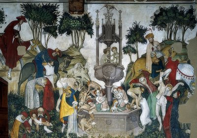 La fuente de la juventud. (detalle) Anunciando y bañándose en la fuente. 1418-30 de Giacomo Jaquerio