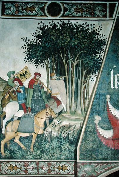 La Fuente de la Vida, detalle de trompetistas de Giacomo Jaquerio